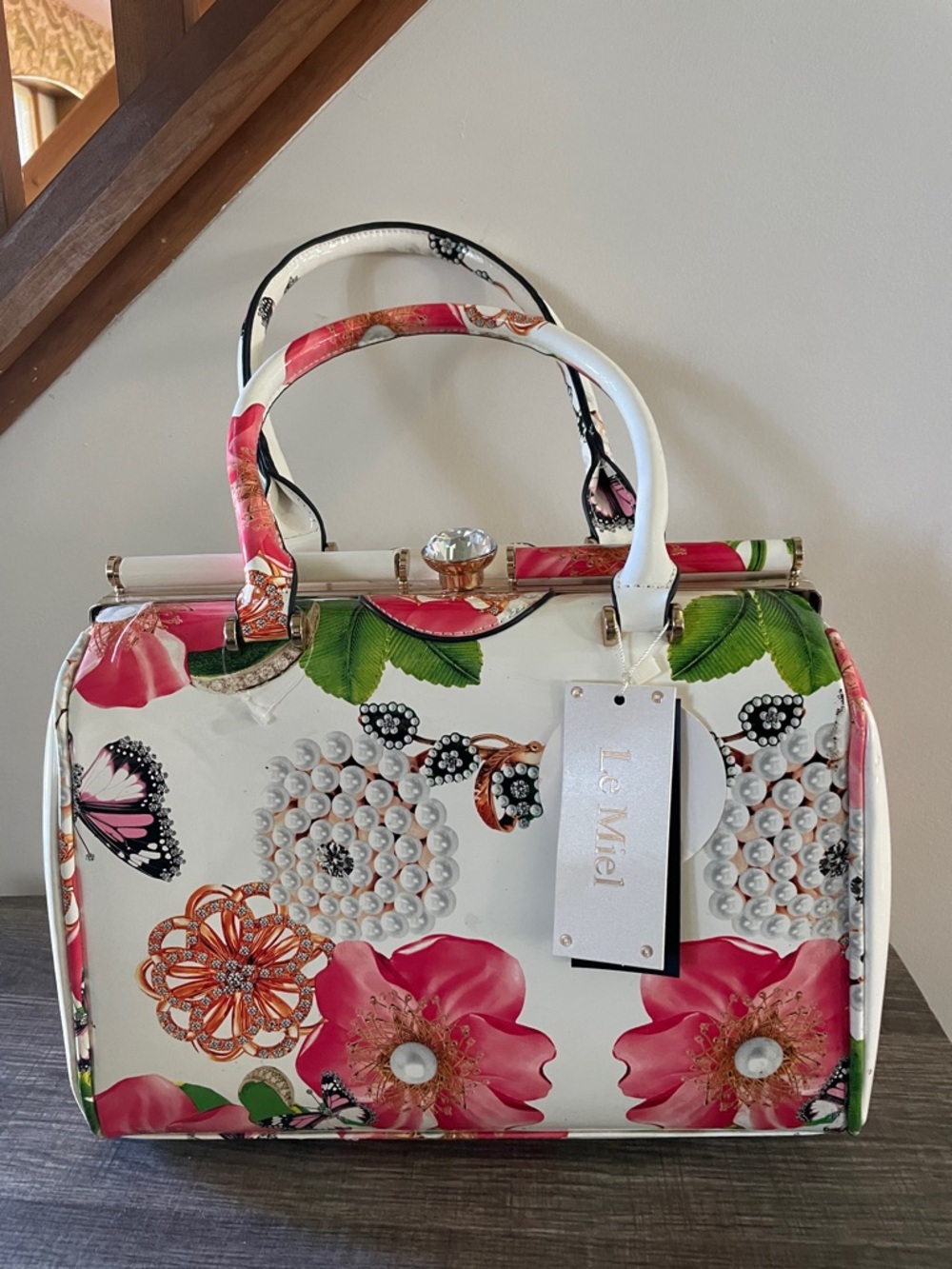 Floral Patent Top-Handle Large Bag in White and Pink